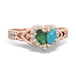 Emerald Celtic Knot Two Hearts As One 14K Rose Gold ring R2644HRT