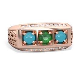 Emerald Three Stone Tire Tread Men's 14K Rose Gold ring R0520