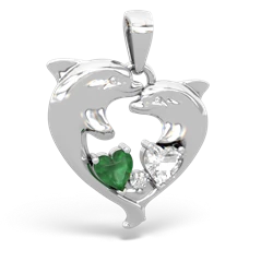 Emerald Dolphin Heart 14K White Gold pendant P5820