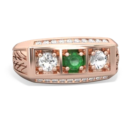 Emerald Three Stone Tire Tread Men's 14K Rose Gold ring R0520