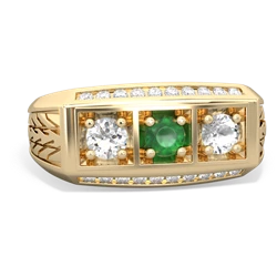 Emerald Three Stone Tire Tread Men's 14K Yellow Gold ring R0520