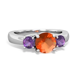 Fire Opal Three Stone Round Trellis 14K White Gold ring R4018