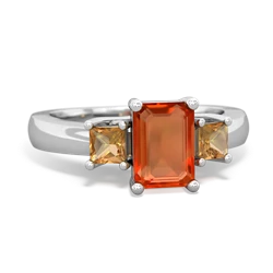 Fire Opal Three Stone Emerald-Cut Trellis 14K White Gold ring R4021