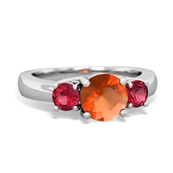 Fire Opal Three Stone Round Trellis 14K White Gold ring R4018