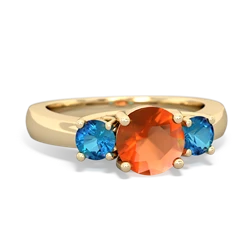 Fire Opal Three Stone Round Trellis 14K Yellow Gold ring R4018