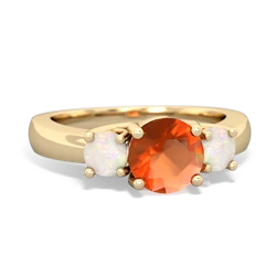 Fire Opal Three Stone Round Trellis 14K Yellow Gold ring R4018