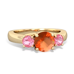 Fire Opal Three Stone Round Trellis 14K Yellow Gold ring R4018