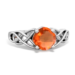 Fire Opal Checkerboard Cushion Celtic Knot 14K White Gold ring R5000