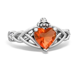 Fire Opal Claddagh Celtic Knot Diamond 14K White Gold ring R5001