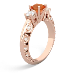 Fire Opal Art Deco Diamond 6Mm Round Engagment 14K Rose Gold ring R2003