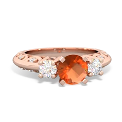 Fire Opal Art Deco Diamond 6Mm Round Engagment 14K Rose Gold ring R2003