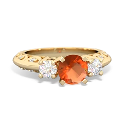 Fire Opal Art Deco Diamond 6Mm Round Engagment 14K Yellow Gold ring R2003