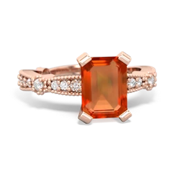 Fire Opal Sparkling Tiara 8X6 Emerald-Cut 14K Rose Gold ring R26298EM