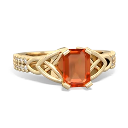 Fire Opal Celtic Knot 7X5 Emerald-Cut Engagement 14K Yellow Gold ring R26447EM