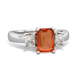 Fire Opal Diamond Three Stone Emerald-Cut Trellis 14K White Gold ring R4021