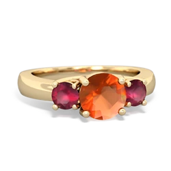 Fire Opal Three Stone Round Trellis 14K Yellow Gold ring R4018