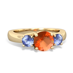 Fire Opal Three Stone Round Trellis 14K Yellow Gold ring R4018