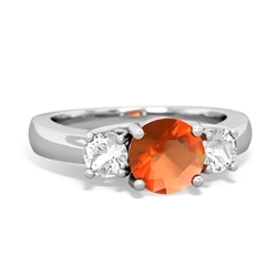 Fire Opal Three Stone Round Trellis 14K White Gold ring R4018