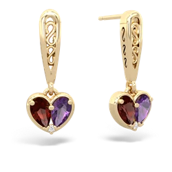 Garnet Filligree Heart 14K Yellow Gold earrings E5070