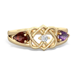 Garnet Hearts Intertwined 14K Yellow Gold ring R5880