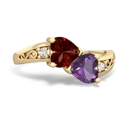 Garnet Snuggling Hearts 14K Yellow Gold ring R2178