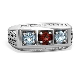 Garnet Three Stone Tire Tread Men's 14K White Gold ring R0520