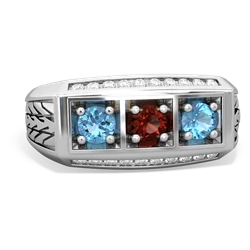 Garnet Three Stone Tire Tread Men's 14K White Gold ring R0520