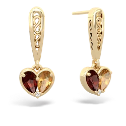 Garnet Filligree Heart 14K Yellow Gold earrings E5070
