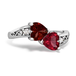 Garnet Snuggling Hearts 14K White Gold ring R2178