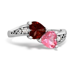 Garnet Snuggling Hearts 14K White Gold ring R2178