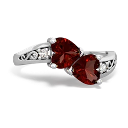 Garnet Snuggling Hearts 14K White Gold ring R2178