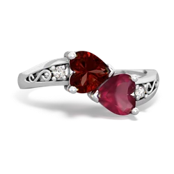 Garnet Snuggling Hearts 14K White Gold ring R2178