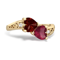 Garnet Snuggling Hearts 14K Yellow Gold ring R2178