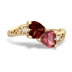 Garnet Snuggling Hearts 14K Yellow Gold ring R2178