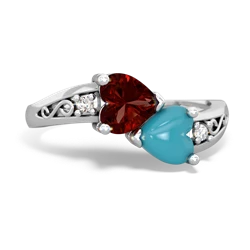 Garnet Snuggling Hearts 14K White Gold ring R2178