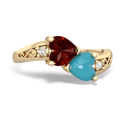 Garnet Snuggling Hearts 14K Yellow Gold ring R2178