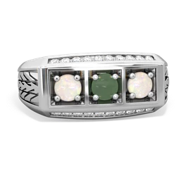 Jade Three Stone Tire Tread Men's 14K White Gold ring R0520