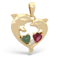 Jade Dolphin Heart 14K Yellow Gold pendant P5820