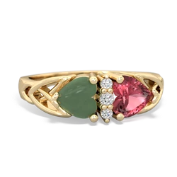 Jade Celtic Knot Double Heart 14K Yellow Gold ring R5040