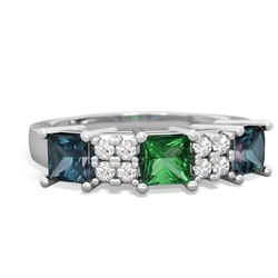 Lab Emerald Three Stone Diamond Cluster 14K White Gold ring R2592