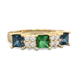 Lab Emerald Three Stone Diamond Cluster 14K Yellow Gold ring R2592