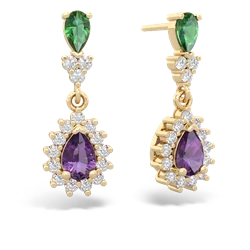 Lab Emerald Halo Pear Dangle 14K Yellow Gold earrings E1882