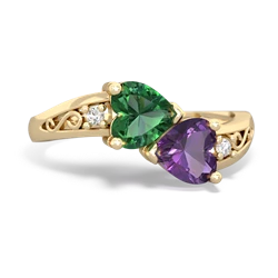 Lab Emerald Snuggling Hearts 14K Yellow Gold ring R2178