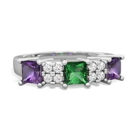 Lab Emerald Three Stone Diamond Cluster 14K White Gold ring R2592