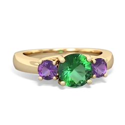 Lab Emerald Three Stone Round Trellis 14K Yellow Gold ring R4018