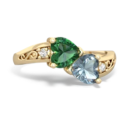 Lab Emerald Snuggling Hearts 14K Yellow Gold ring R2178