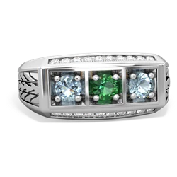 Lab Emerald Three Stone Tire Tread Men's 14K White Gold ring R0520