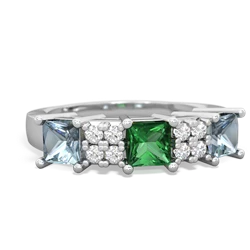 Lab Emerald Three Stone Diamond Cluster 14K White Gold ring R2592