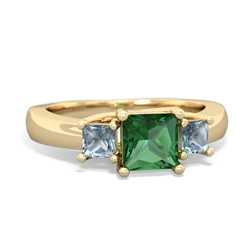 Lab Emerald Three Stone Trellis 14K Yellow Gold ring R4015