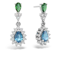 Lab Emerald Halo Pear Dangle 14K White Gold earrings E1882